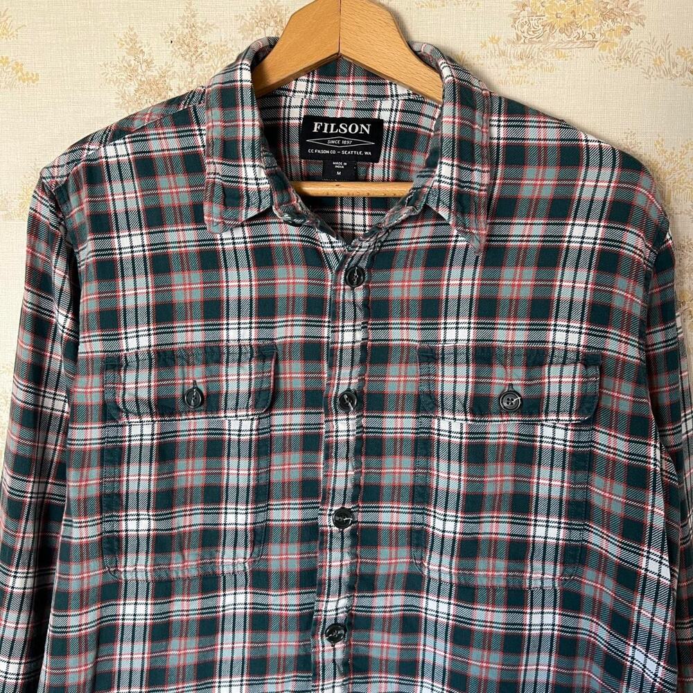 Filson Cotton Flannel Lightweight Shirt | Green Orange Plaid | Size Medium